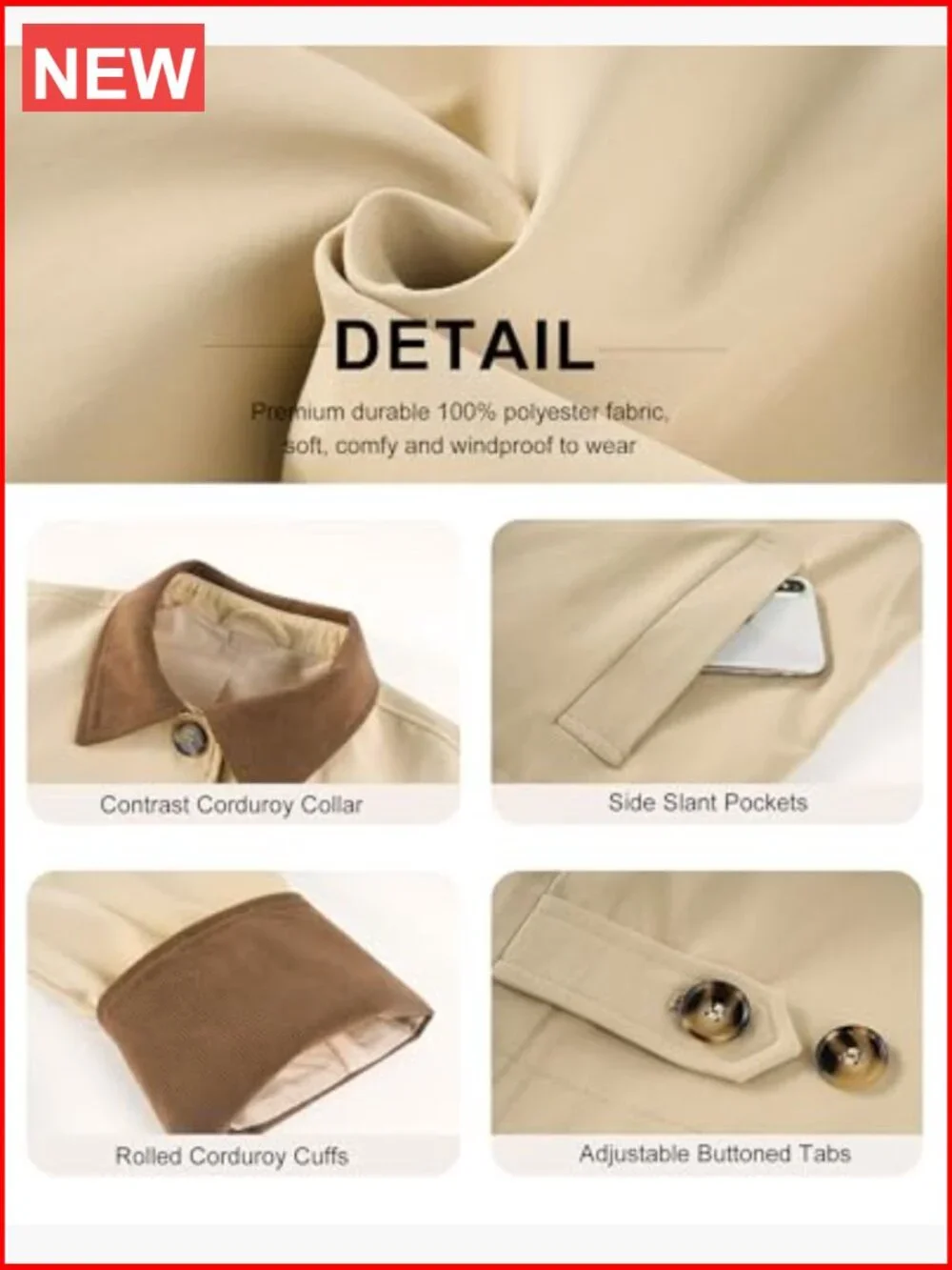 Cropped Trench Coat with Contrast Collar and Corduroy Splicing, Lightweight - Picture 6 of 7